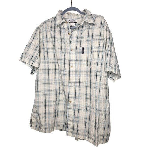 Columbia Mens XL White Blue Cotton Short Sleeve Button Fishing Hiking Shirt - Picture 4 of 16